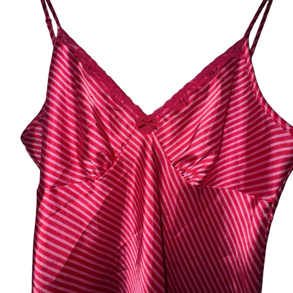 Y2K Red Satin Slip Dress Lace Trim Lingerie Core Mini Striped 2000s romantic M - Picture 4 of 5